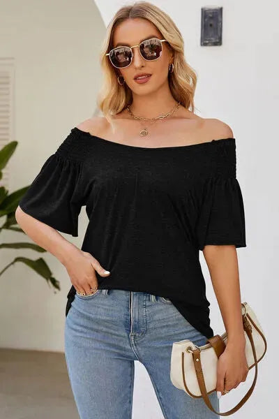 Smocked Round Neck Flutter Sleeve T-Shirt Women's T-Shirts - Tophatter Daily Deals